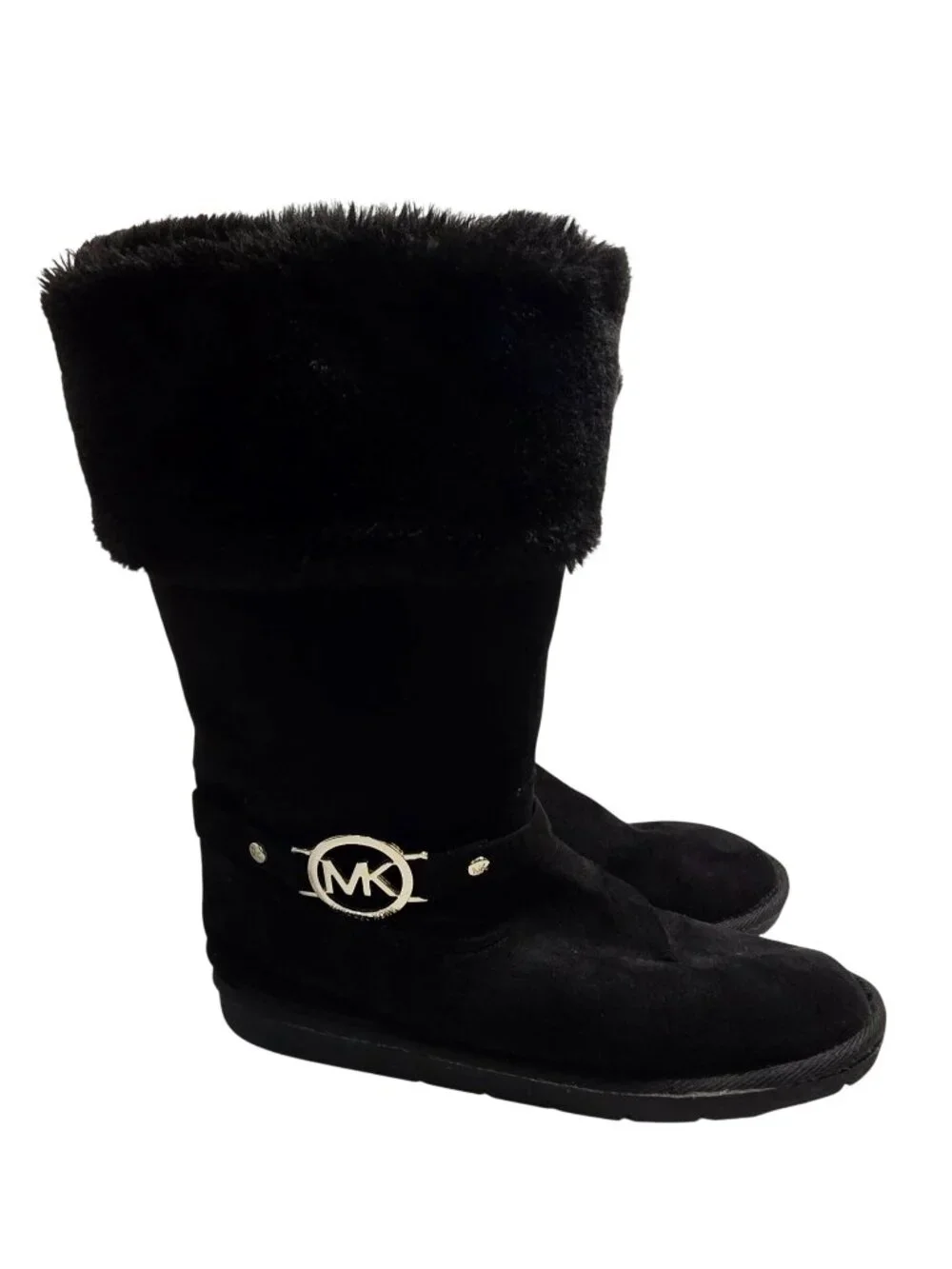 Michael Kors Black Suede Fur Winter Boots With Signature Mk Logo Accent